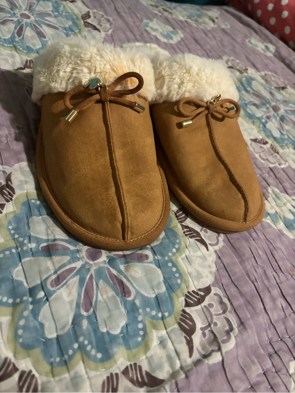 kate spade Tan Faux-Suede Slip-On Slippers with Cream Fur Trim